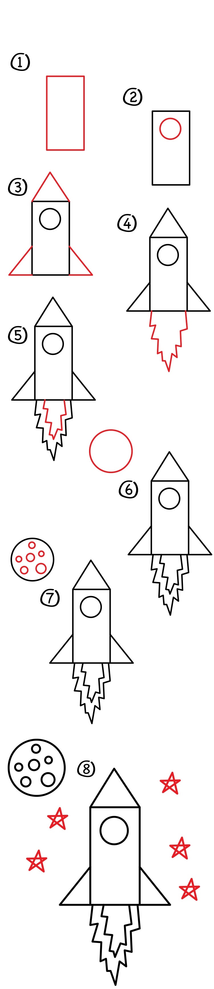 Нарисовать ракету поэтапно для детей. Как нарисовать ракету пошагово для детей. Пошаговое рисование ракеты для детей. Как нарисовать ракету для детей. Ракета для рисования для детей.