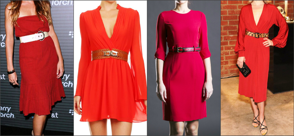 La robe rouge peut être portée avec une large ceinture en cuir