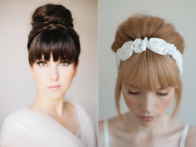 Stylish styling with bangs for a wedding with flowers and without