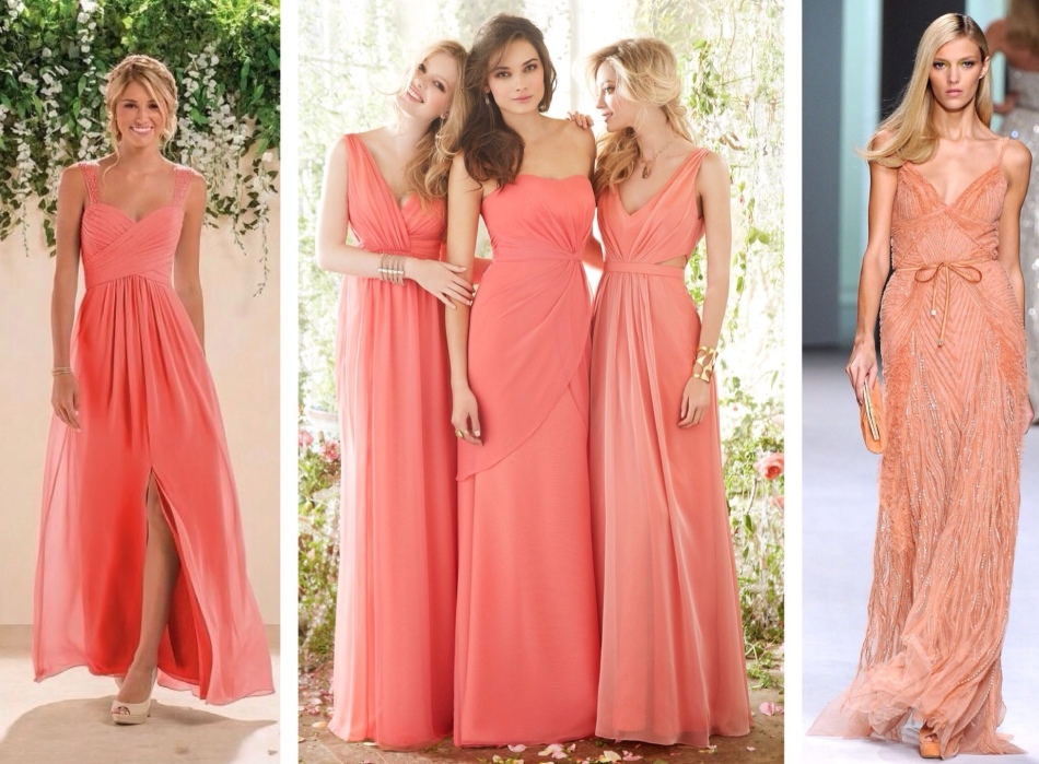 Coral shade dress is an opportunity to experiment with the choice of hairstyles and not only