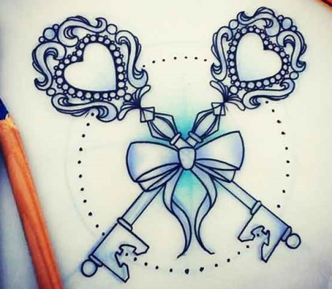 Интересный рисунок для тату в виде банта и ключиков, которые должны открыть женское сердце