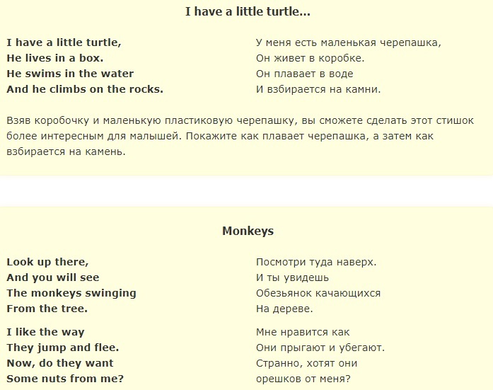 Стихотворение на английском "у меня есть маленькая черепашка" и "обезьянки"