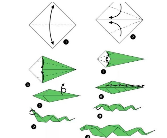 Этапы техники оригами — поделка змея