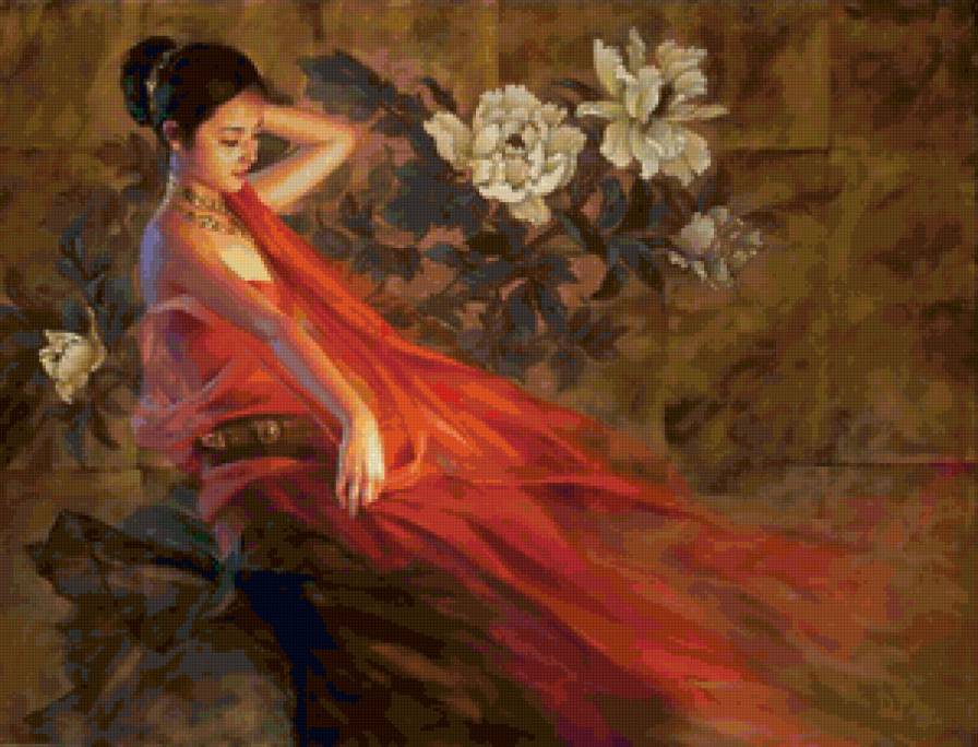 Девушка возле куста цветов
