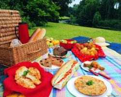 Menü für ein Picknick: Sandwiches, in Lavash eingewickelte Snacks, Heimatbauer. Picknickideen