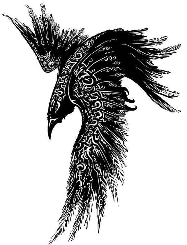Эскиз тату в виде ворона, которая плавно перейдет с шеи на спину