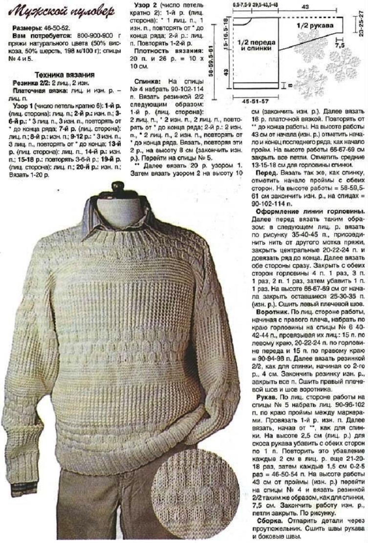 Мужские вязаные свитера на спицах со схемами и описанием