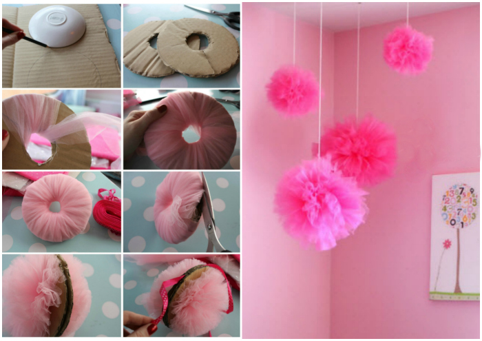 Step -by -step photos of creating pompon from tulle