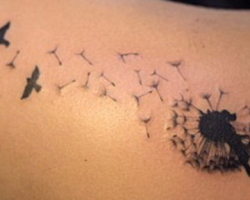 Tattoo - a dandelion flower with birds: meaning for girls. What does a dandelion tattoo mean on the wrist, hand, leg, shoulder, collar, spatula? Tattoo sketch dandelion with birds