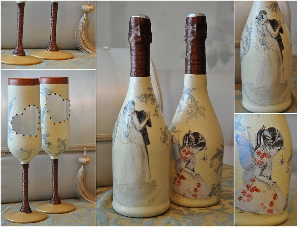 Decoration of glasses and bottles for the wedding with decoupage wipes