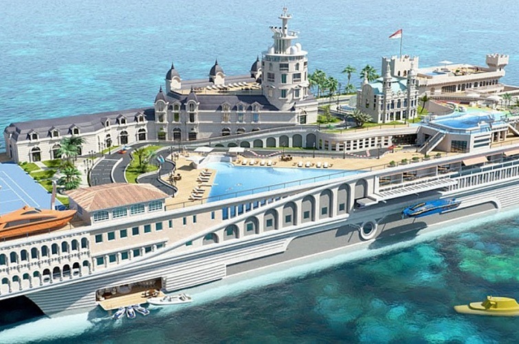 Incroyable yacht sous la forme d'une copie de la Principauté de Monaco