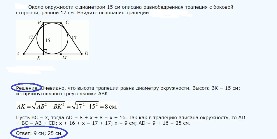Območje kroga, vpisanega v pravokotni in izosceles trapezoid: primeri rešitev problemov