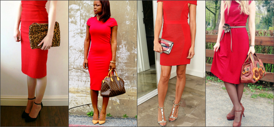 Piros ruhával kombinálhatja a táskákat egy mintával és nyomtatással