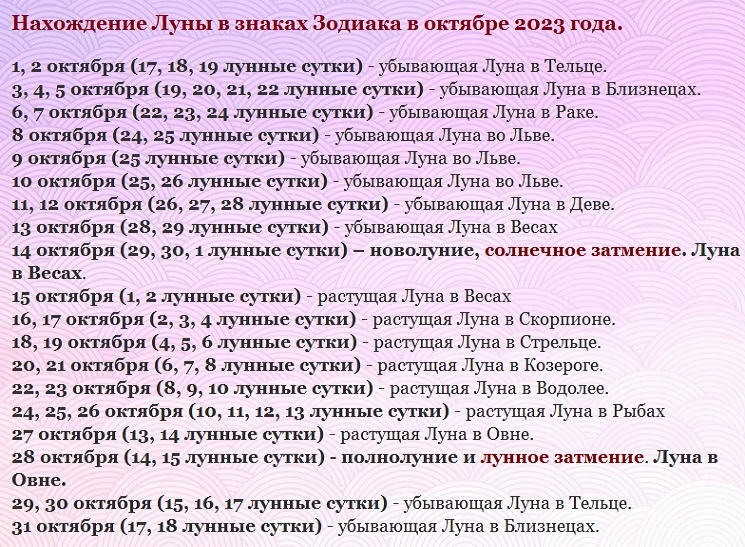 Лунные сутки в октябре 2023 года