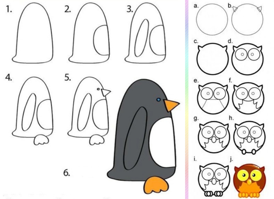 Pinguin- und Eulenzeichnung in Stufen