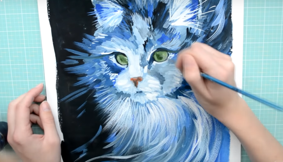 Modra mačka je pobarvana z akvarelnimi barvami