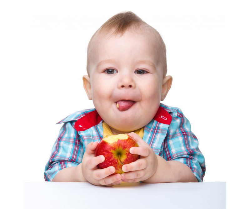 Baby for 11 months gnawing an apple