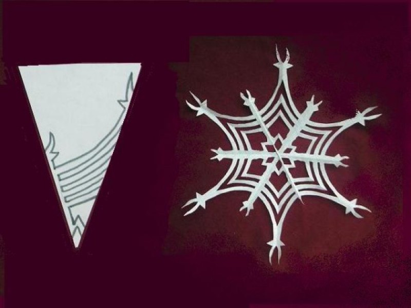 Finished snowflake and pattern diagram for cutting it, option 1
