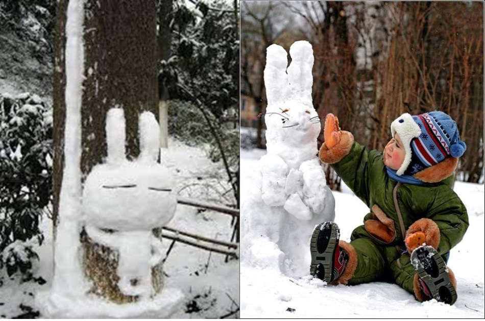 Пара фото со слепленными из снега зайцами