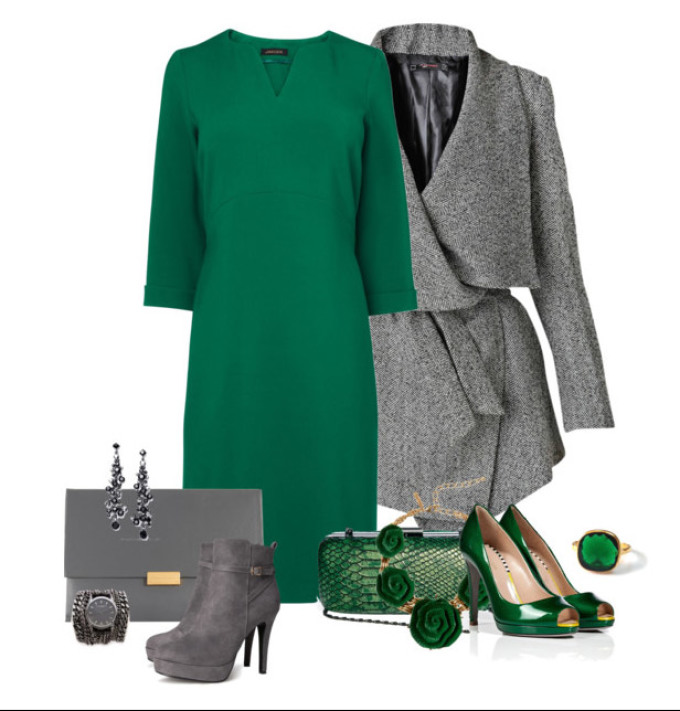Изумрудно серый цвет. Сочетание серого и зеленого в одежде. Образ с зеленым платьем. Сочетание с зеленым. Сочетание цветов в одежде зеленый.