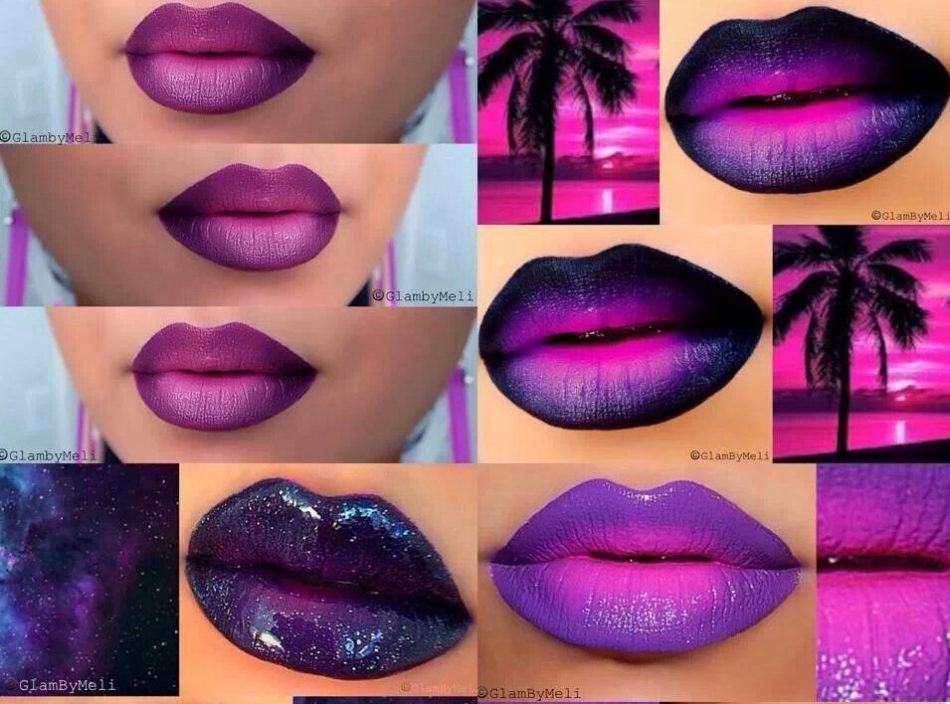 Riasan ombre di bibir dengan warna ungu yang berbeda