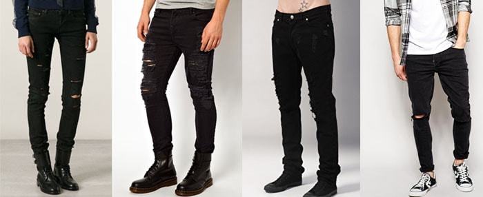 Jeans hitam terkoyak dengan lubang di lutut laki -laki