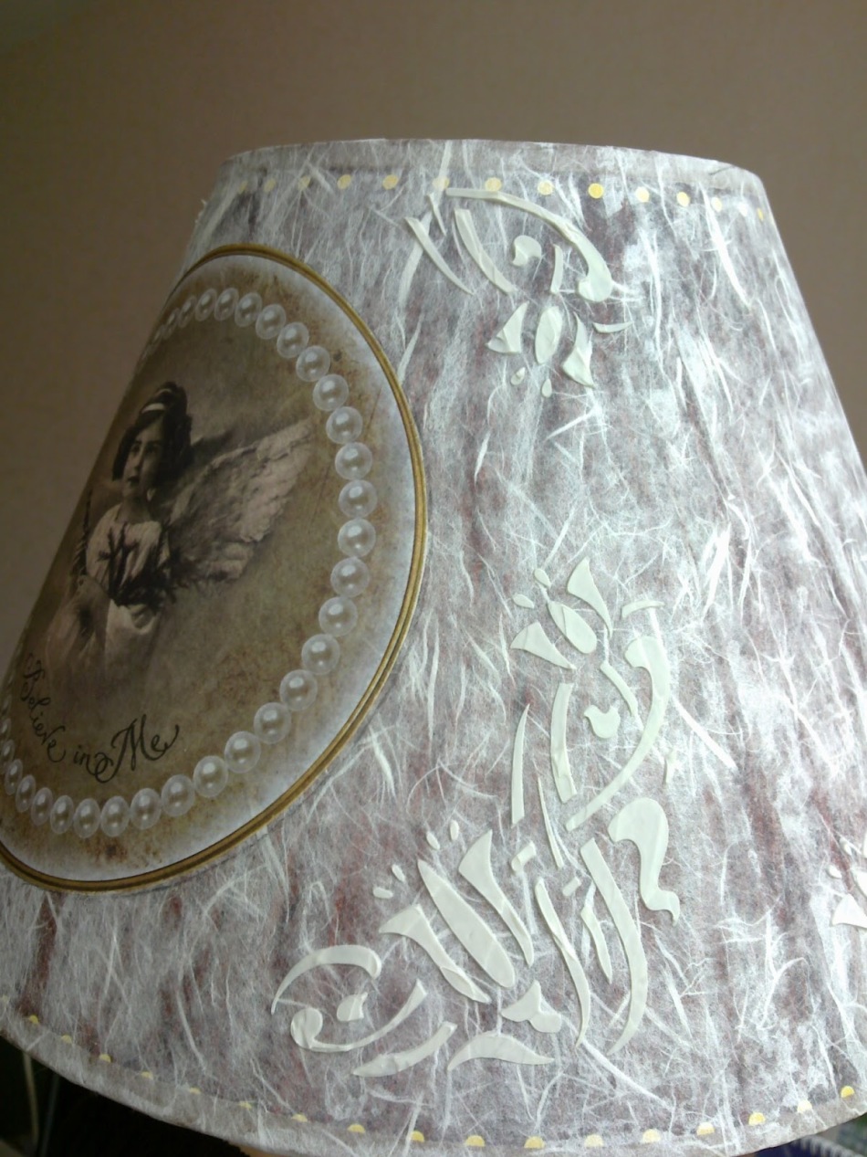 Decoupage of floor lamps with rice paper and a Victorian style picture