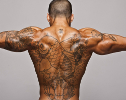 Men's tattoos on the body and their meaning: on the back, on the side of the side and back, on the stomach, chest, side, ribs, face, in the groin, intimate places, clavicle, spatula, lower back, spine, on the whole back. Exes for men's tattoos