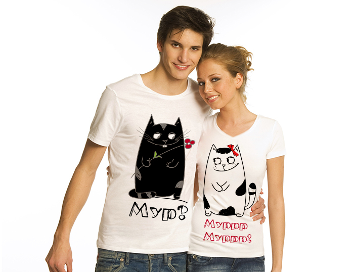 Парные футболки с тематическими принтами обязательно порадуют супруговred, smile, together, emotions, feelings, jeans, lollies,