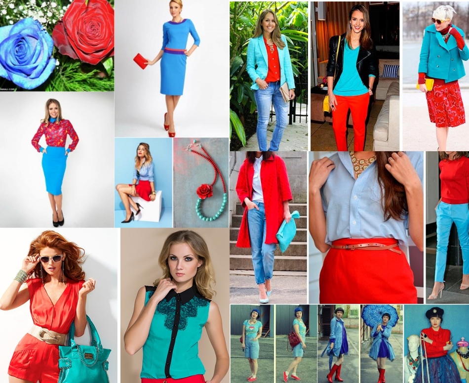 Сочетание красного и голубого в одежде у женщин