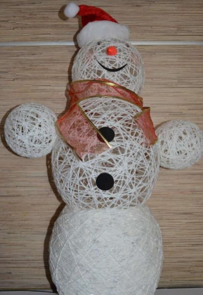Одну часть снеговика можно сделать более проработанную нитками, чем остальные