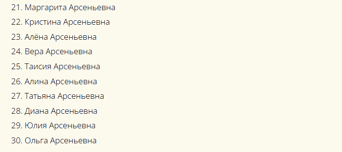 Красивые русские женские имена, созвучные к отчеству арсеньевна