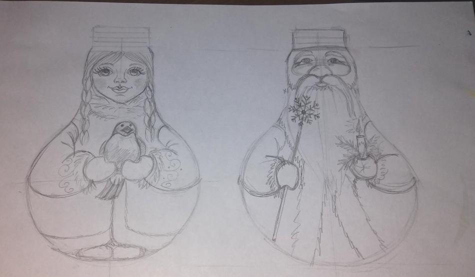 Sketsa Snegurochka dan Santa Claus untuk membuat mainan dari umbi