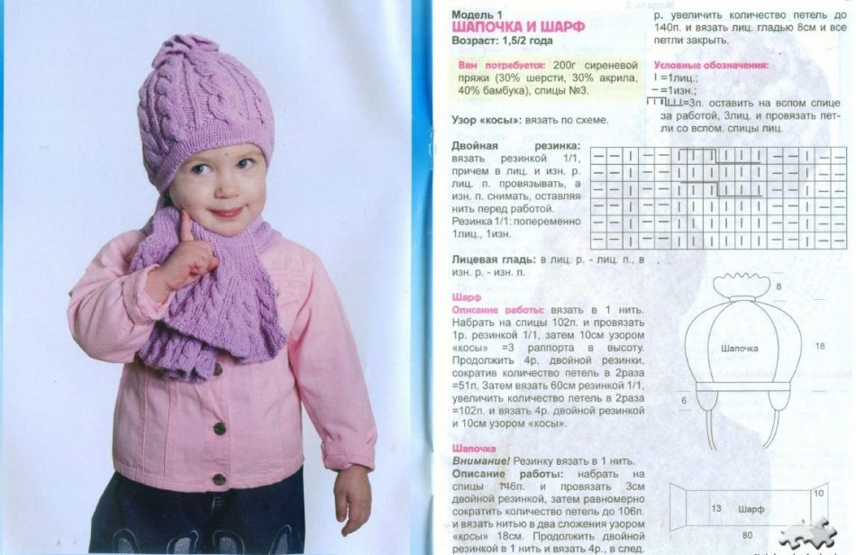 Topi dan syal untuk seorang gadis berusia 3-4 tahun dengan jarum rajut