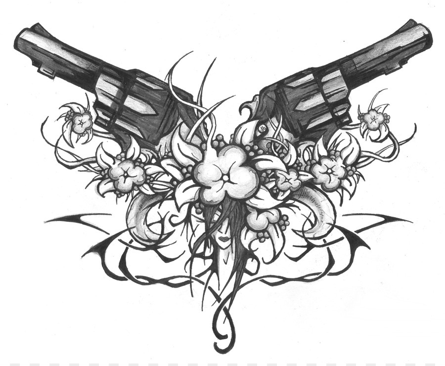 Рисунок для тату в виде пистолета и цветов - женственная вариация дерзости