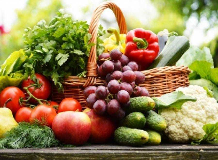 Собранная корзина с овощами, зеленью и ягодами со своего участка