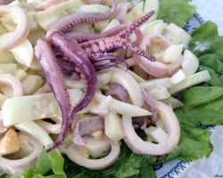 11 The most delicious salads with squid: with onions and eggs, garlic and melted cheese, cucumbers and without mayonnaise, cabbage and corn, herbs and hard cheese, champignons, chicken, crab sticks, green peas, rice, in garlic sauce