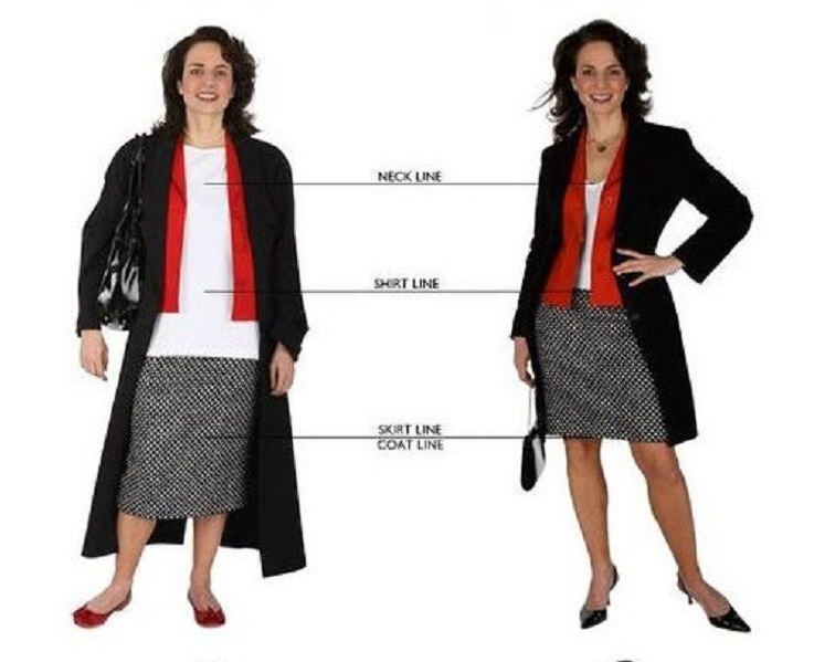Slender: deep neckline, shorter blouse and skirt