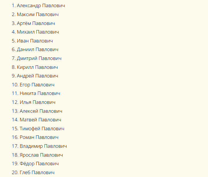 Gyönyörű orosz férfi nevek mássalhangzó a Pavlovich Patrostic