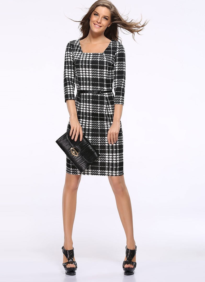 Stylish business dress with a pattern.