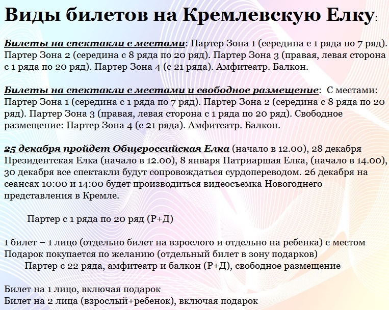 Виды билетов на кремлевскую елку 2023