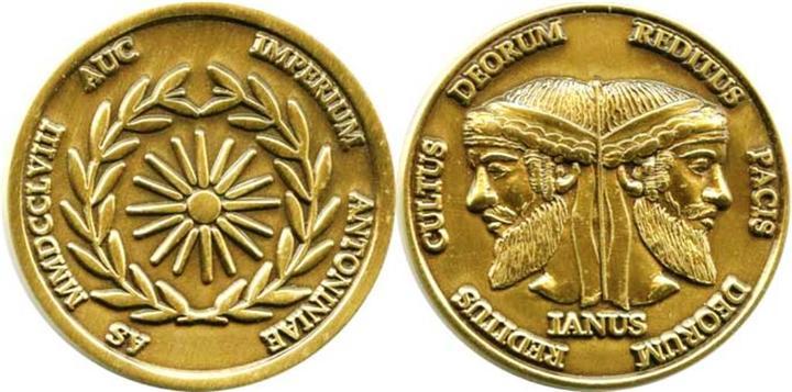 Один из первых "узаконенных" подарков - монета с двуликим богом янусом
