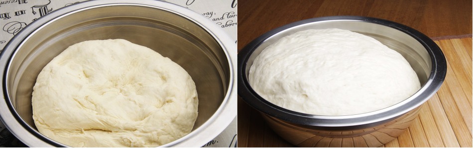 На фото: слева — тесто до расстойки, справа — увеличившееся в объеме тесто