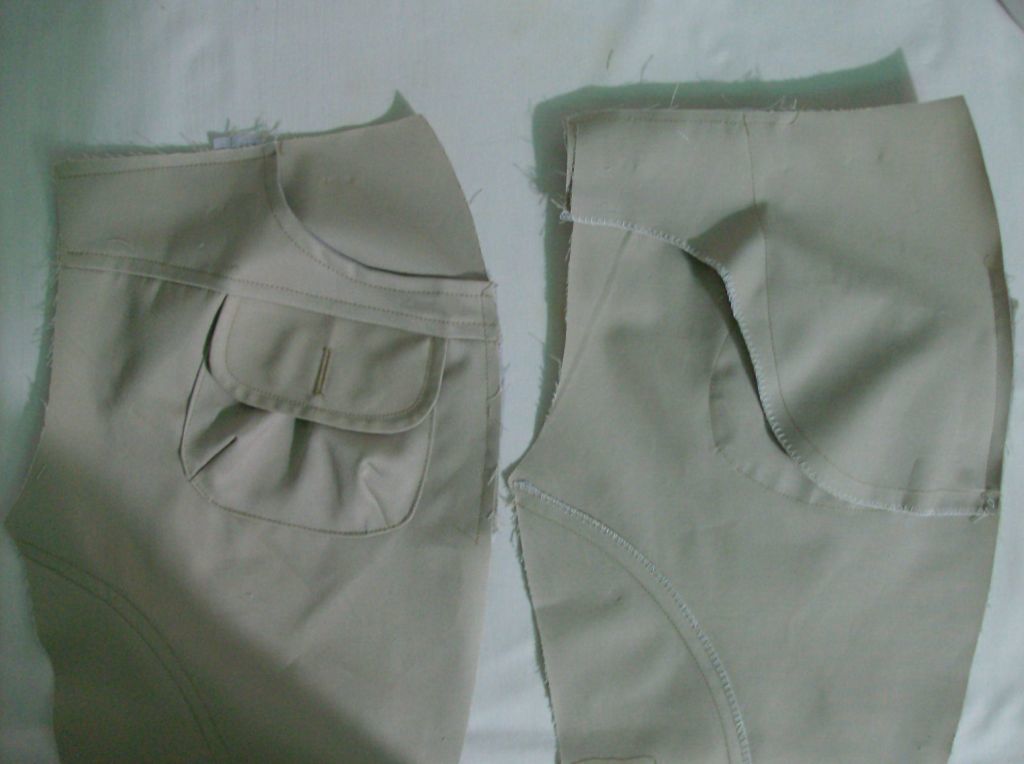 Sewn pockets to semi -finished products of women's trousers