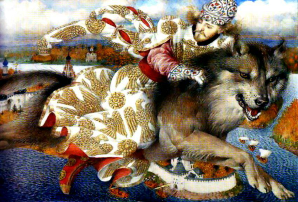 Gambar Ivan Tsarevich yang sudah selesai dan serigala abu -abu, opsi 5