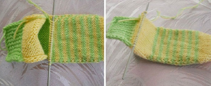 Der Prozess des Strickens der Vorderseite des Gummibandes