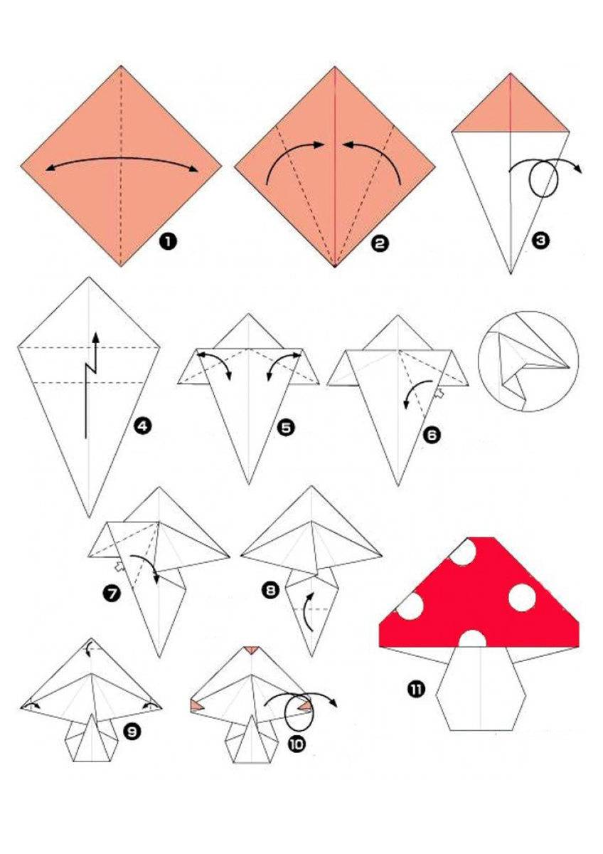 Поделки из бумаги для детей оригами схемы. Оригами из бумаги для детей схемы пошагово. Поделки из бумаги оригами со схемами для начинающих. Оригами гриб.