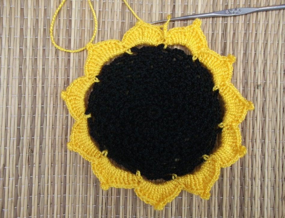 Avec cette méthode, vous devez tricoter tout le noyau du tournesol avec des pétales