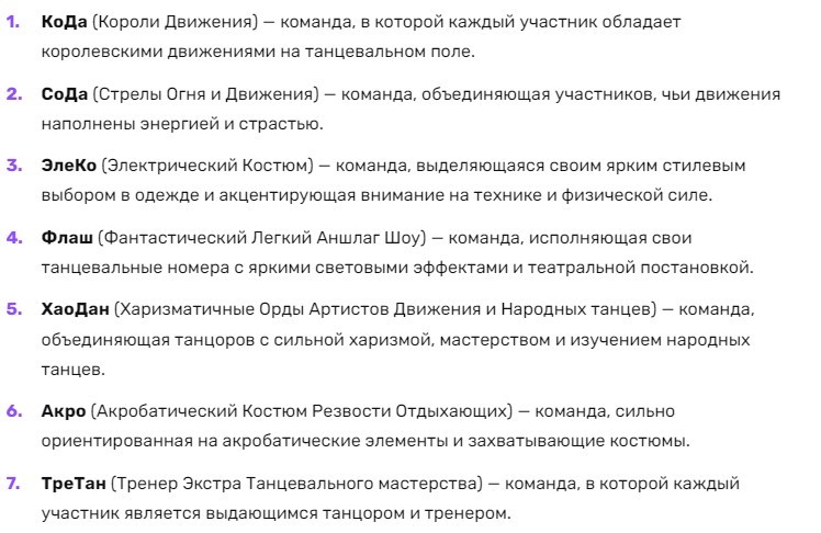 Названия танцевальных команд с использованием аббревиатур с описанием