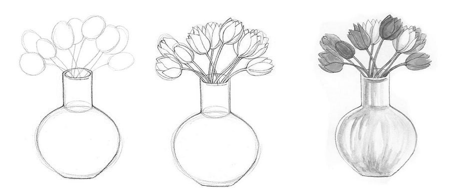 Поэтапное рисование вазы с цветами.
